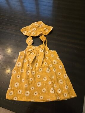 Girls' Mustard Daisy Tie-Front Sundress with Matching Hat